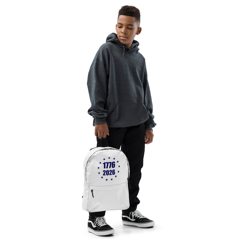 White and blue America 1776 to 2026 stars design backpack