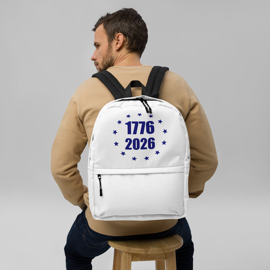 White and blue America 1776 to 2026 stars design backpack