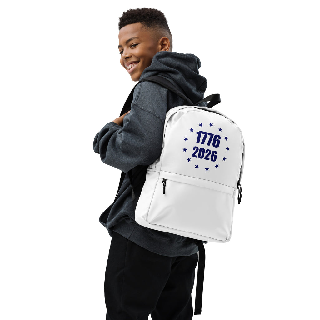 White and blue America 1776 to 2026 stars design backpack