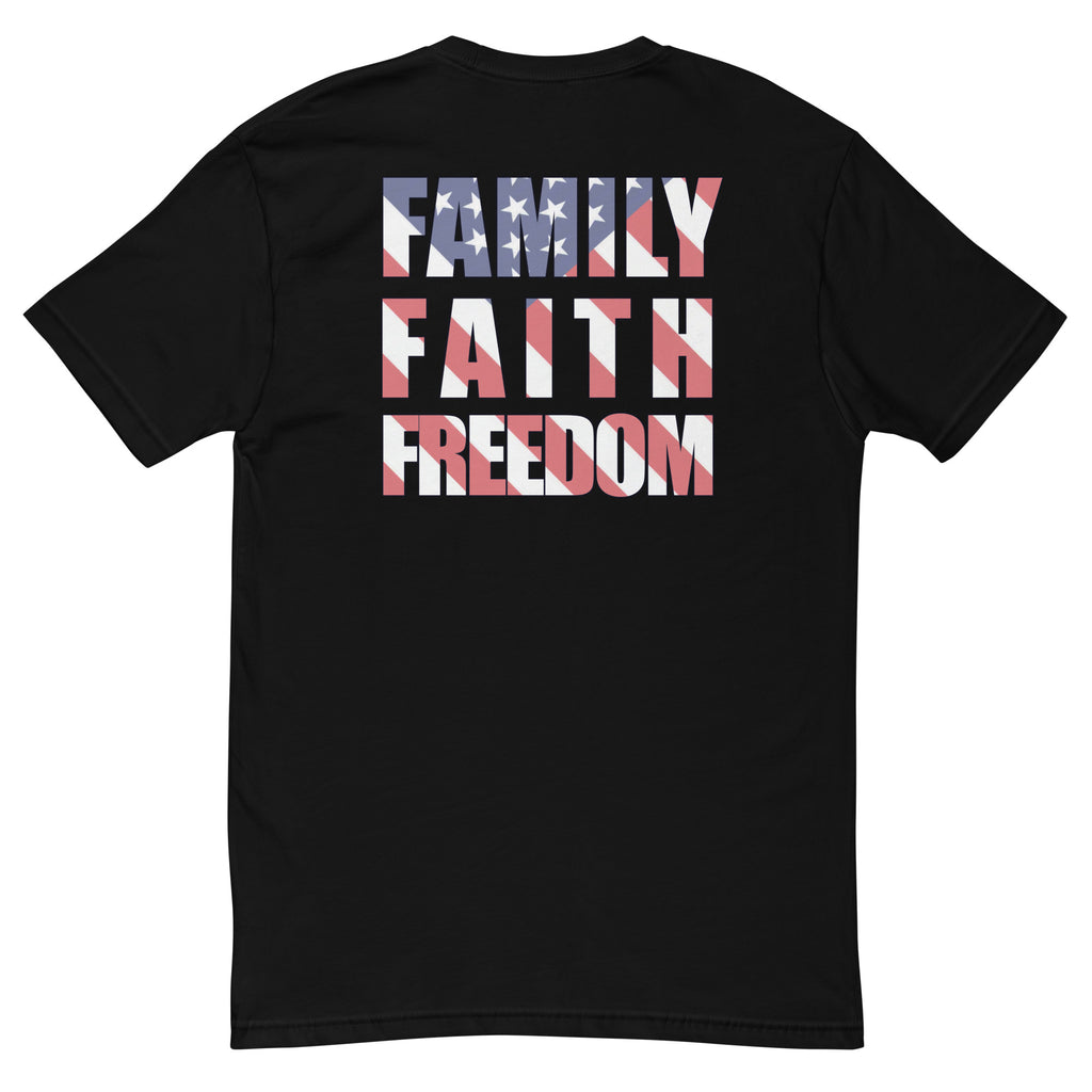 Family Faith and Freedom American flag background mens t-shirt black