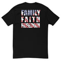 Family Faith and Freedom American flag background mens t-shirt black