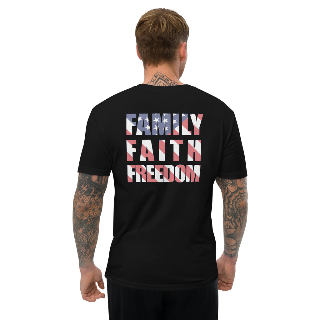 Family Faith and Freedom American flag background mens t-shirt black
