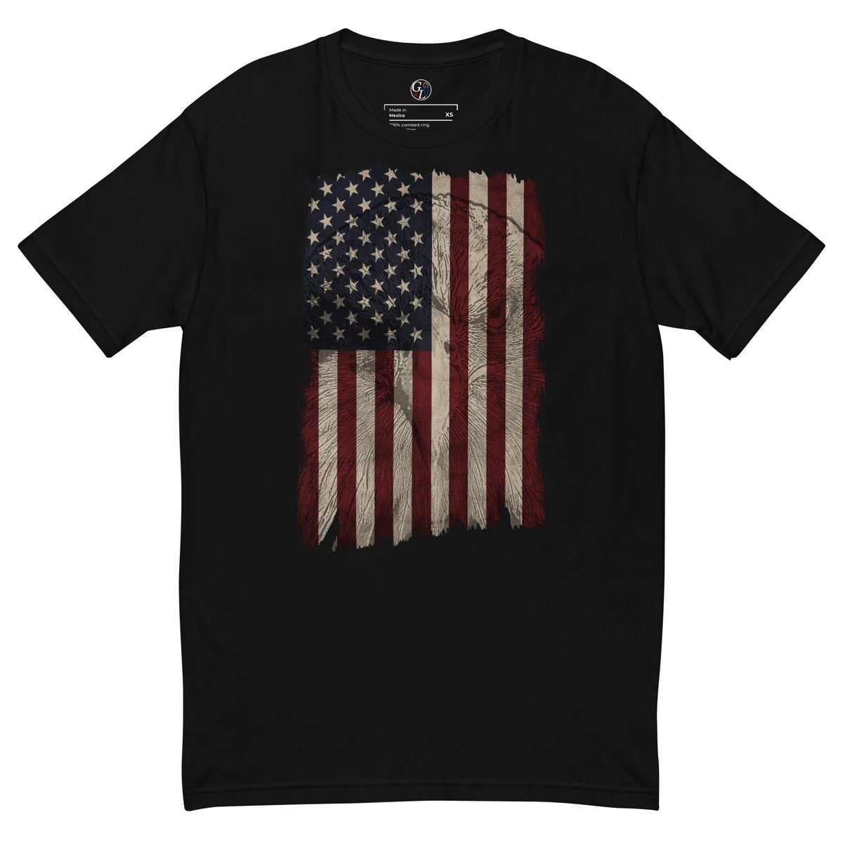 Men's distressed American flag eagle on front of shirt black 
