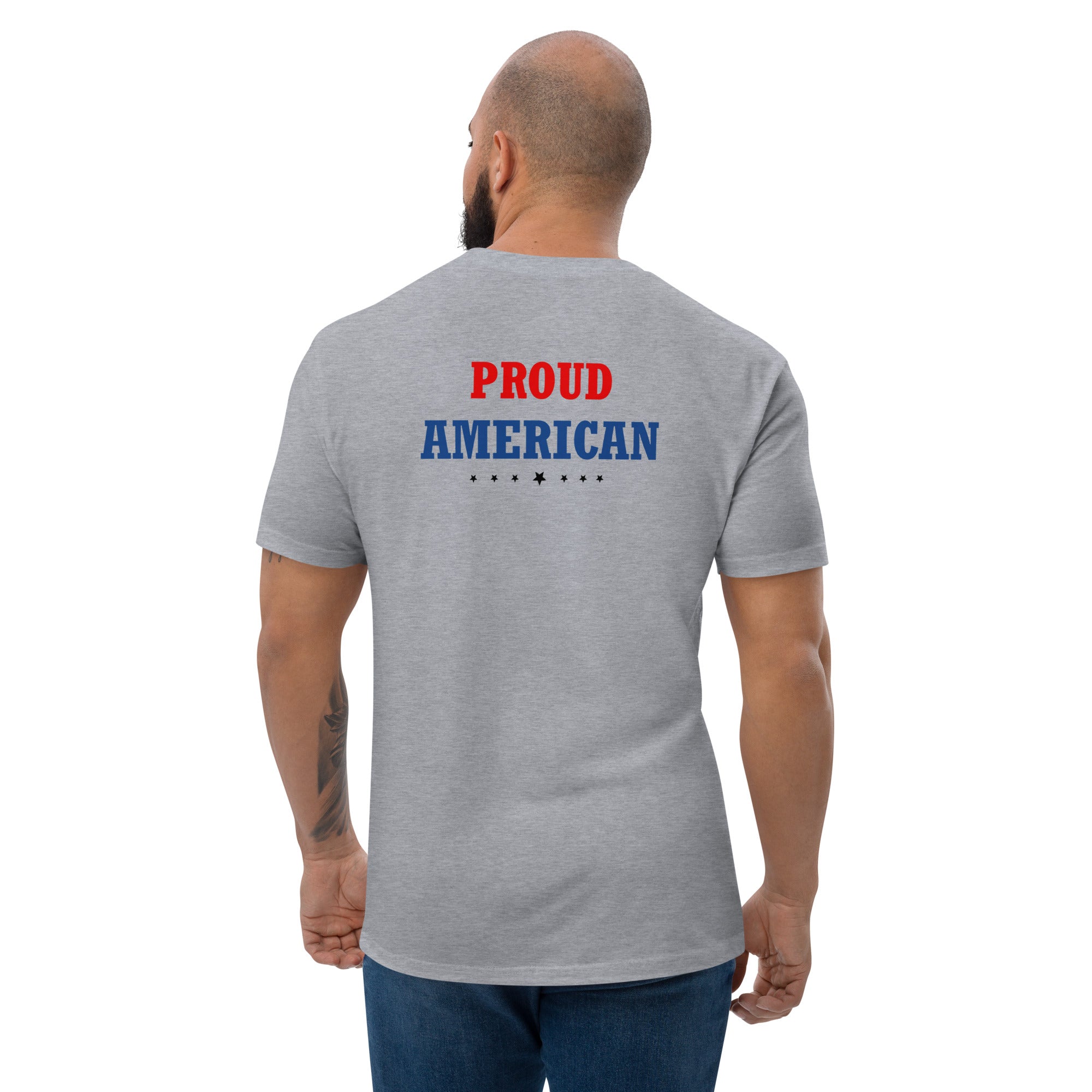 Back of men's American pride red and blue t-shirt