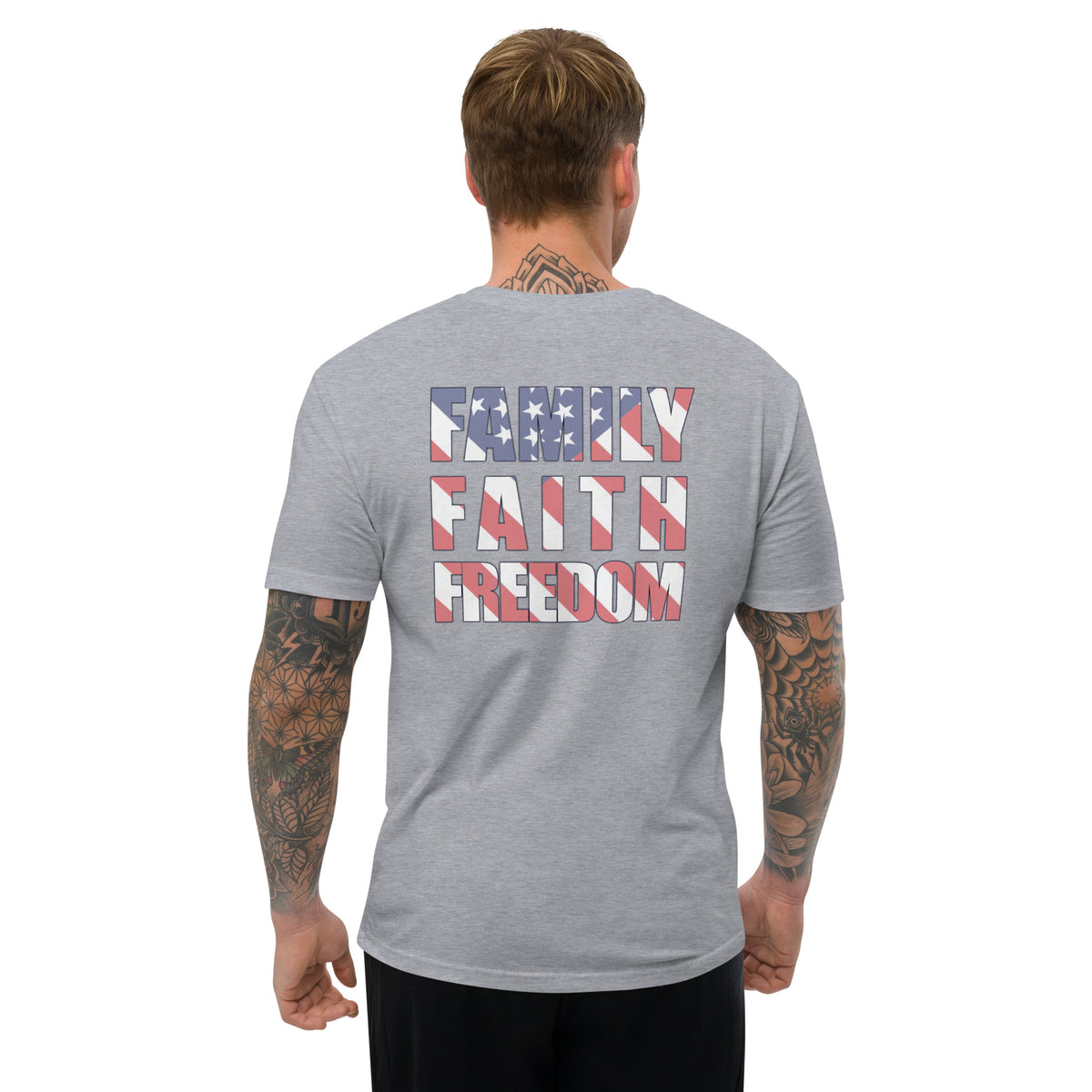Family Faith and Freedom American flag background mens t-shirt grey
