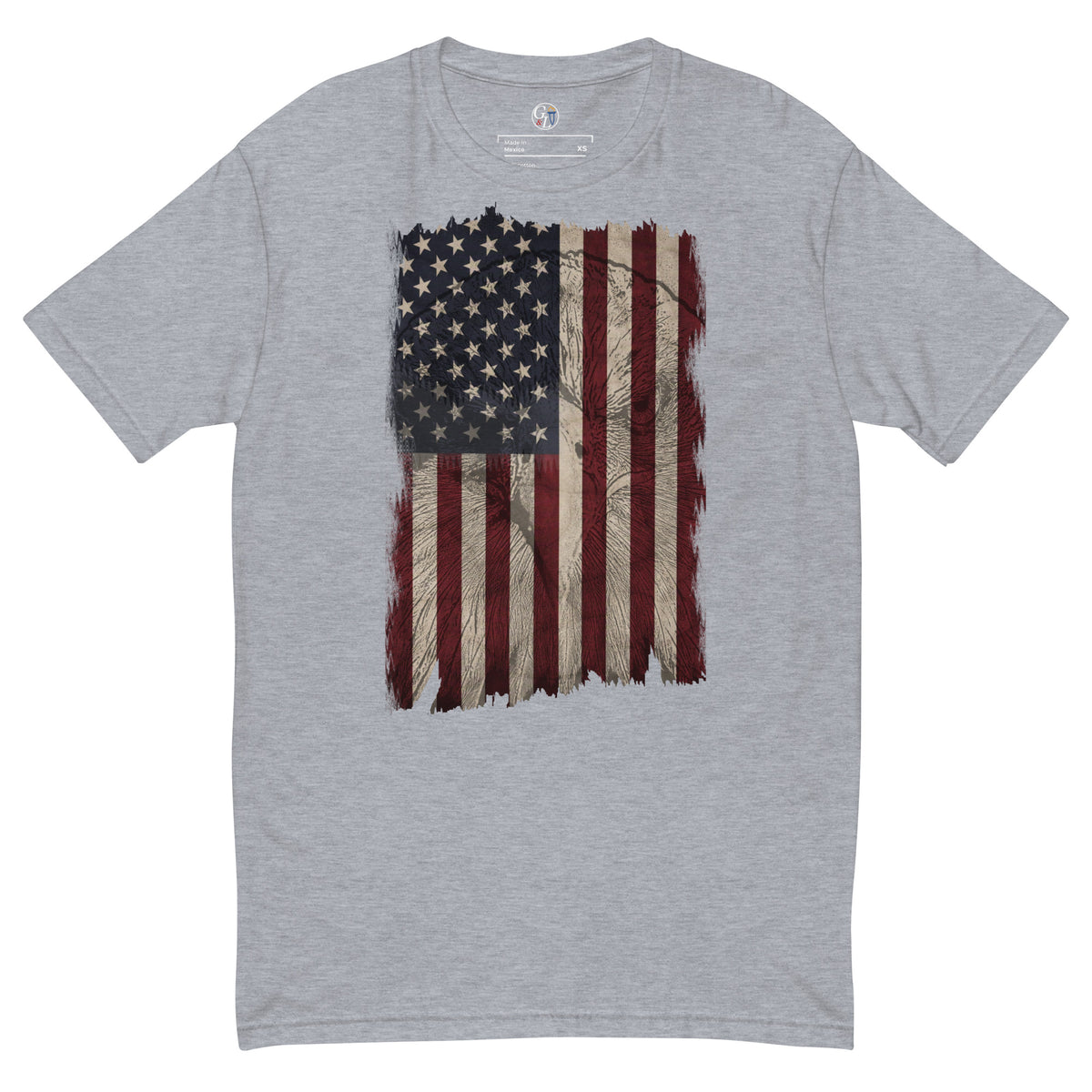 Men's distressed American flag eagle on front of shirt gray