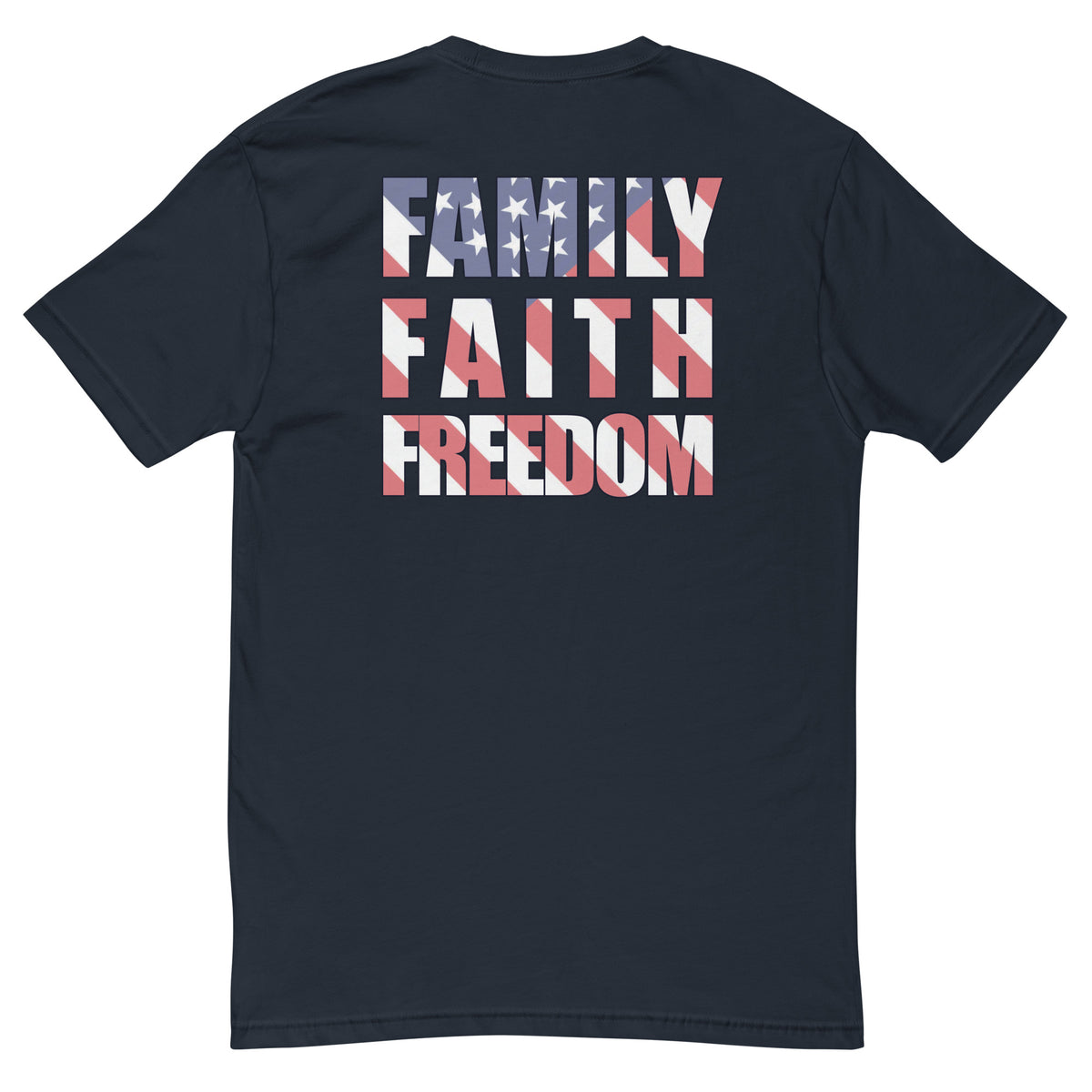 Family Faith and Freedom American flag background mens t-shirt navy