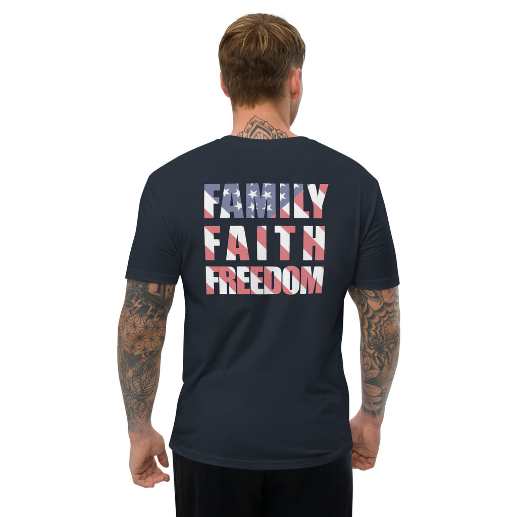Family Faith and Freedom American flag background mens t-shirt navy