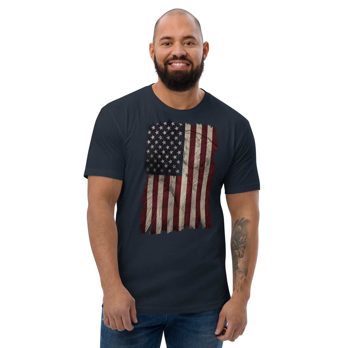 Men's distressed American flag eagle on front of shirt navy