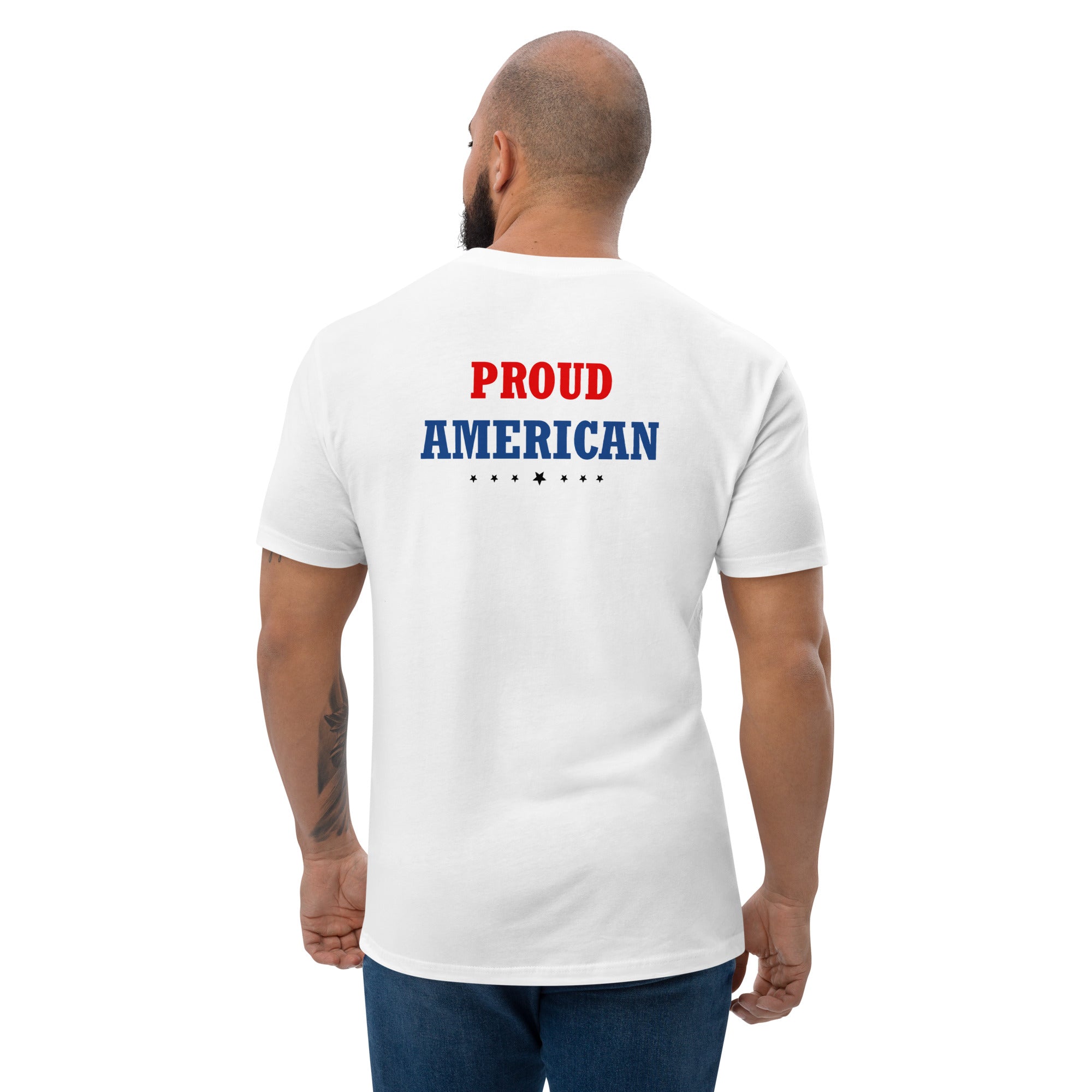 Back of Men's American pride red and blue t-shirt