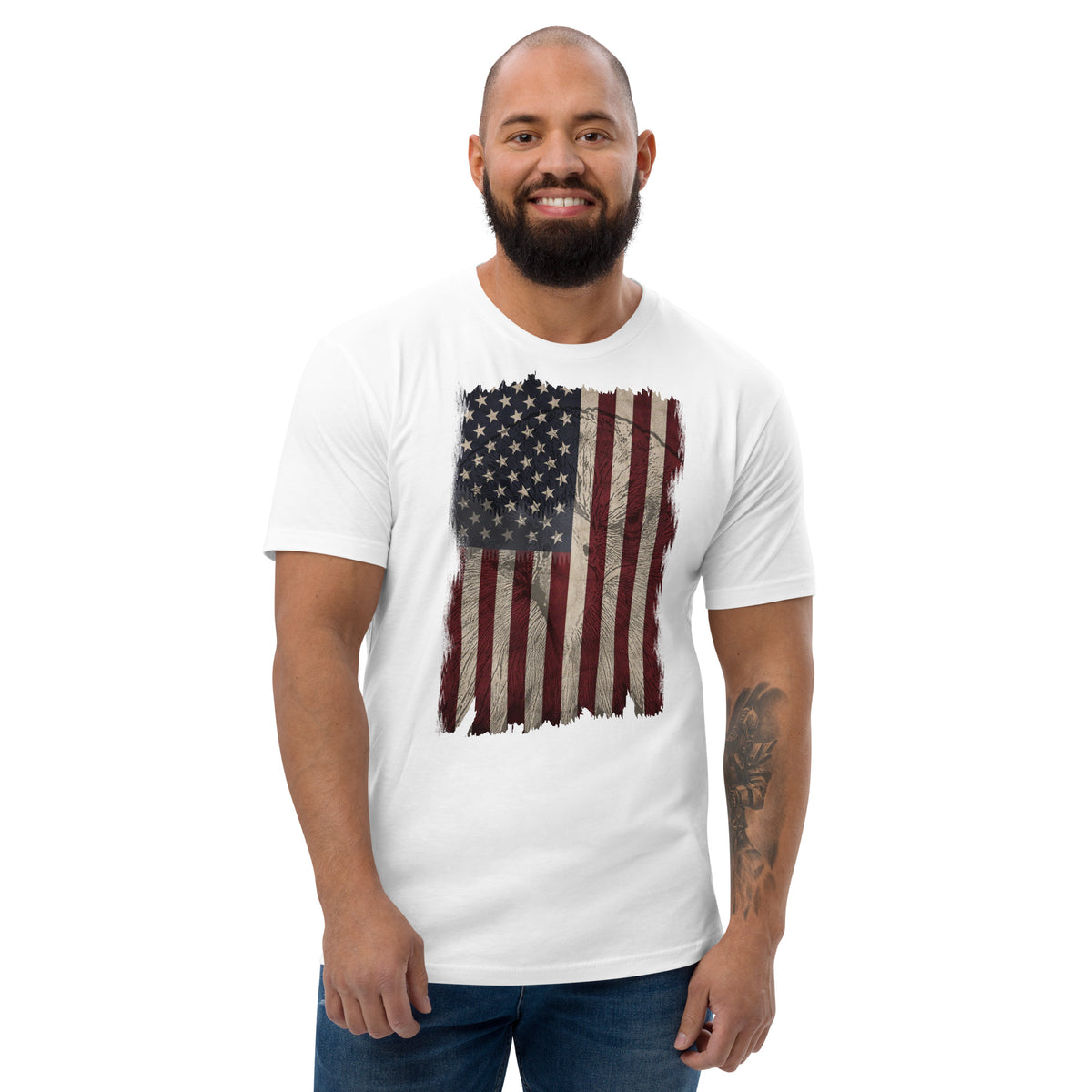 Men's distressed American flag eagle on front of shirt white