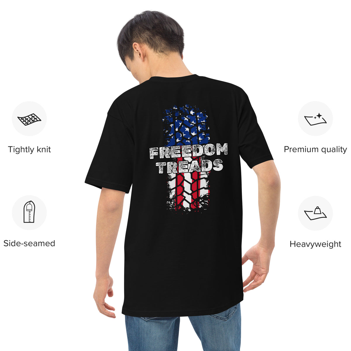 Men's freedom treads, tire treads in American flag t-shirt design black