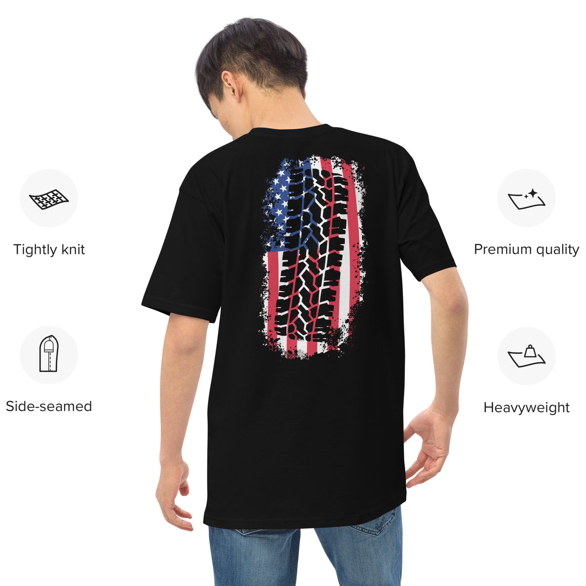 black freedom treads tire and American flag design men's t-shirt