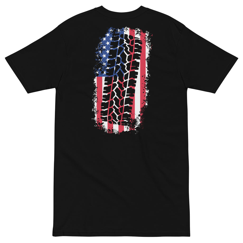 black freedom treads tire and American flag design men's t-shirt