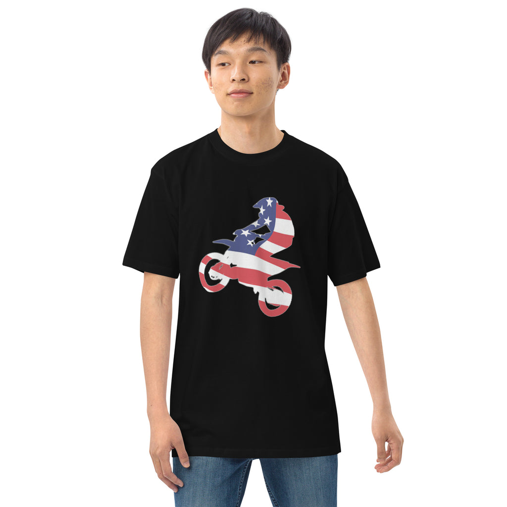 Men's black motocross bike and rider overlayed with American flag t-shirt