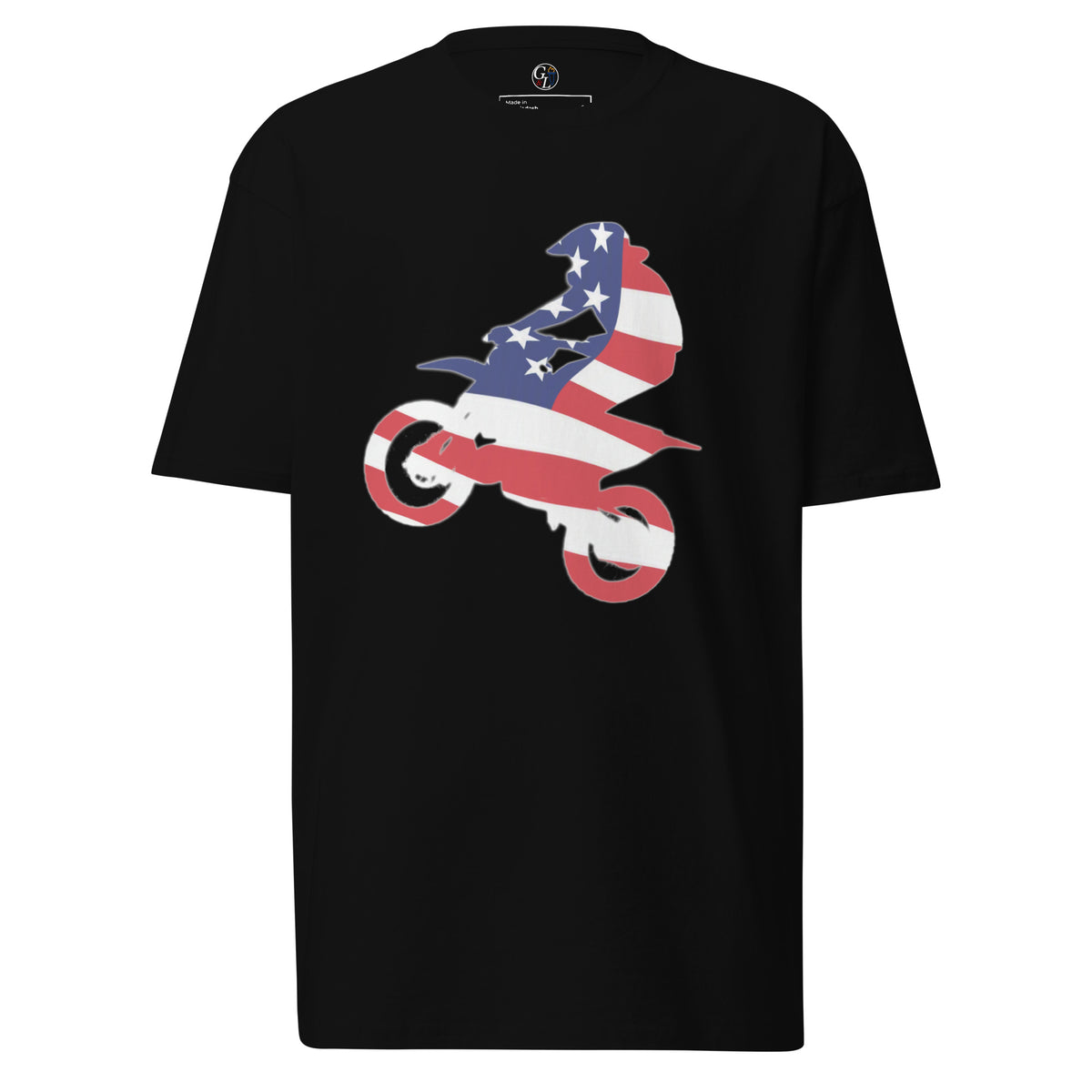 Men's black motocross dirt bike rider overlayed with an American flag t-shirt