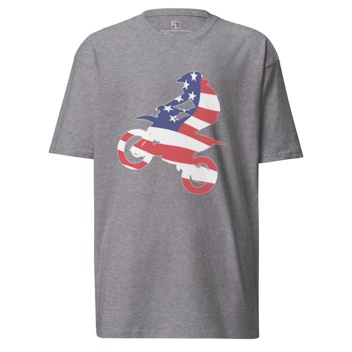 Men's grey motocross bike and rider overlayed with American flag t-shirt