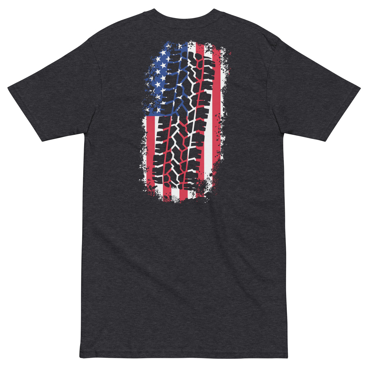 gray freedom treads tire and American flag design men's t-shirt