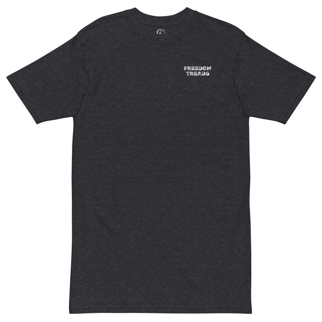 gray freedom treads tire and American flag design men's t-shirt