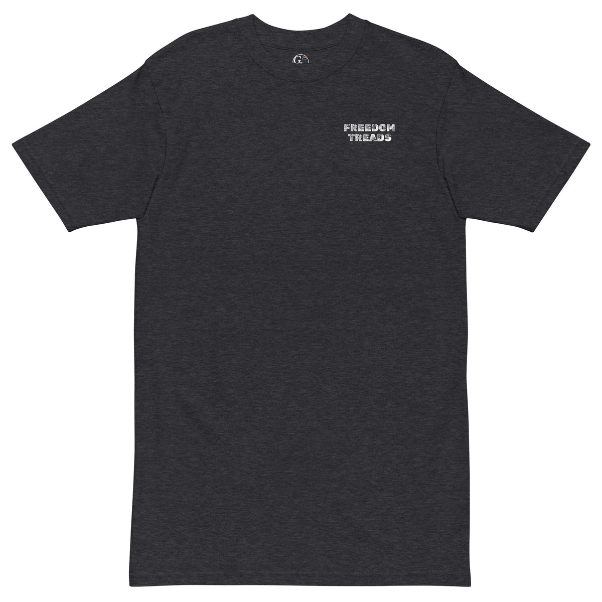 gray freedom treads tire and American flag design men's t-shirt