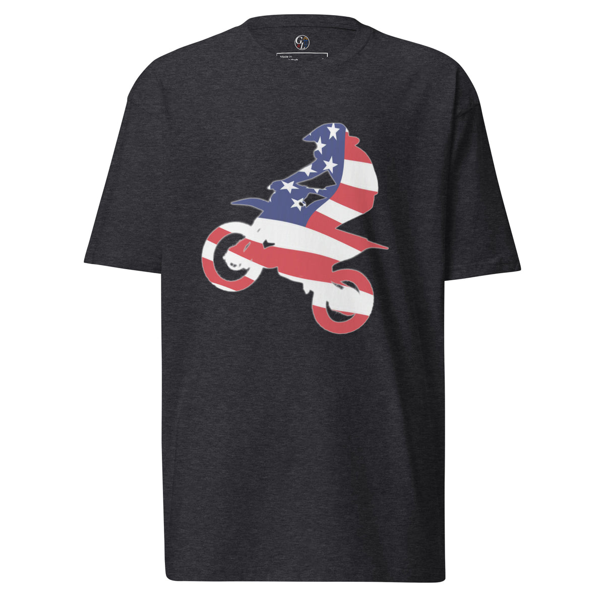 Men's grey motocross dirt bike rider overlayed with an American flag t-shirt
