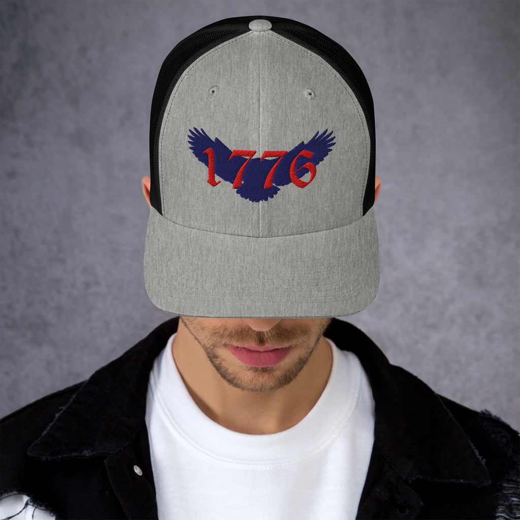 Gray on black mesh Retro Trucker cap hat with red and blue 1776 American eagle design