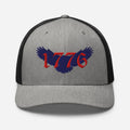 Gray on black mesh Retro Trucker cap hat with red and blue 1776 American eagle design