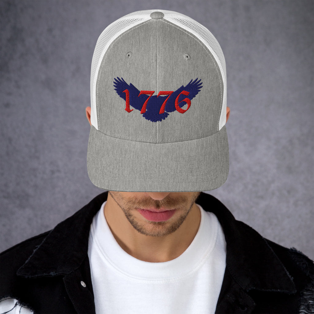 Gray on white mesh Retro Trucker cap hat with red and blue 1776 American eagle design