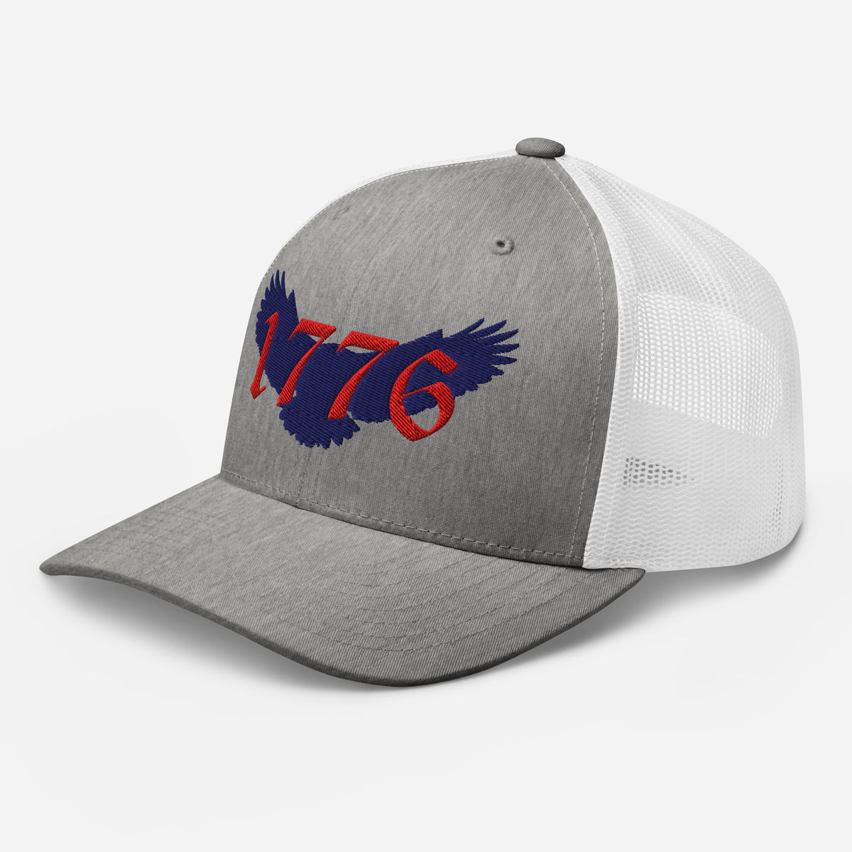 Gray on white mesh Retro Trucker cap hat with red and blue 1776 American eagle design