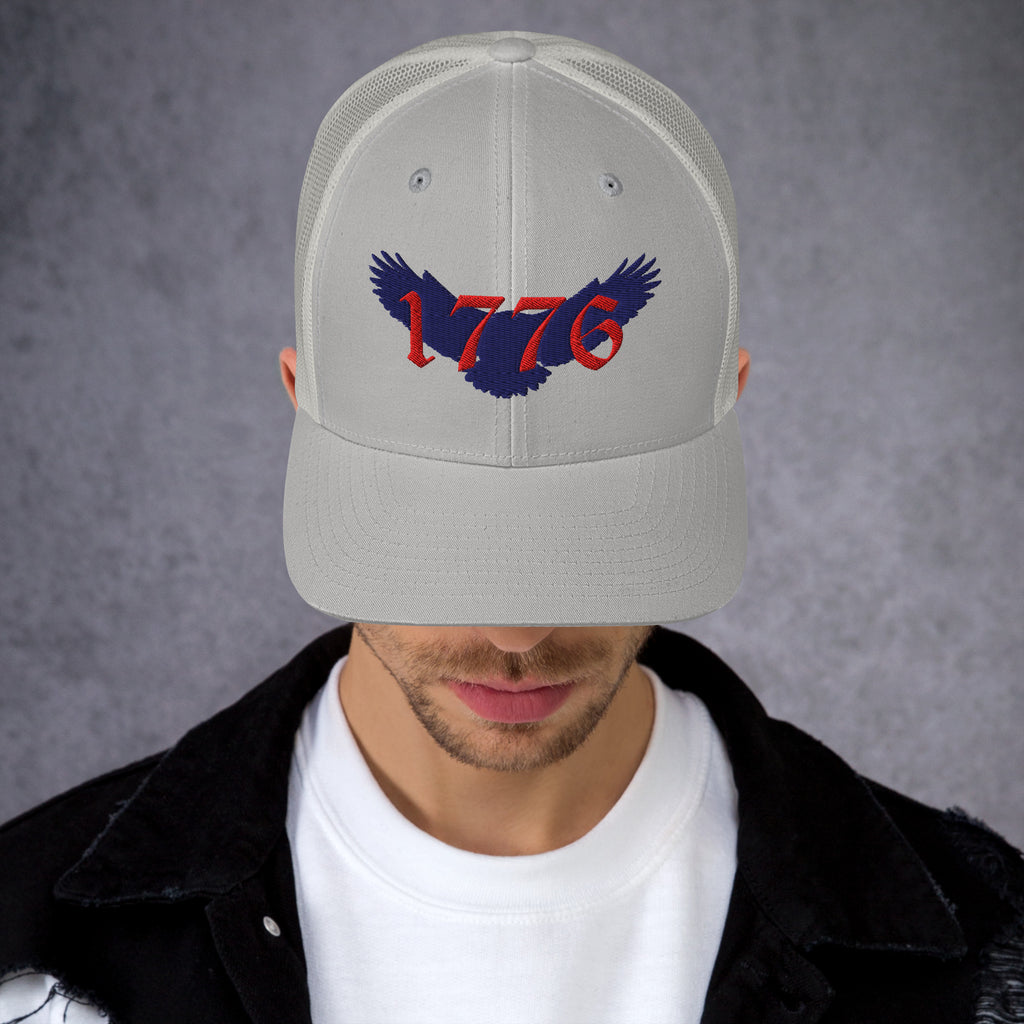 Gray on white mesh Retro Trucker cap hat with red and blue 1776 American eagle design