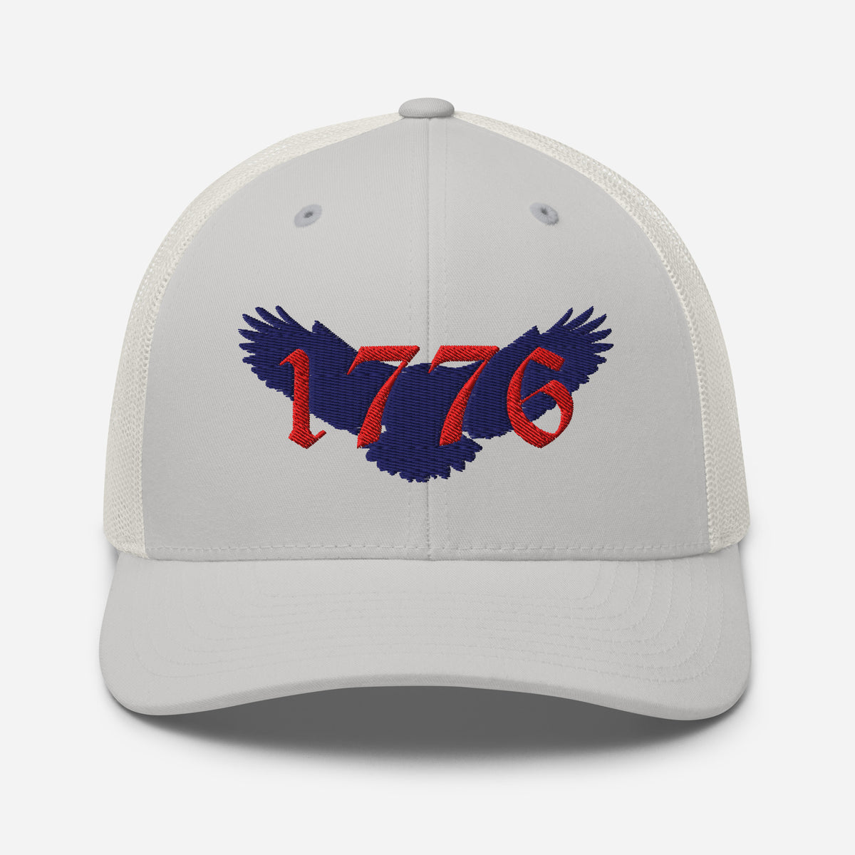 Gray on white mesh Retro Trucker cap hat with red and blue 1776 American eagle design