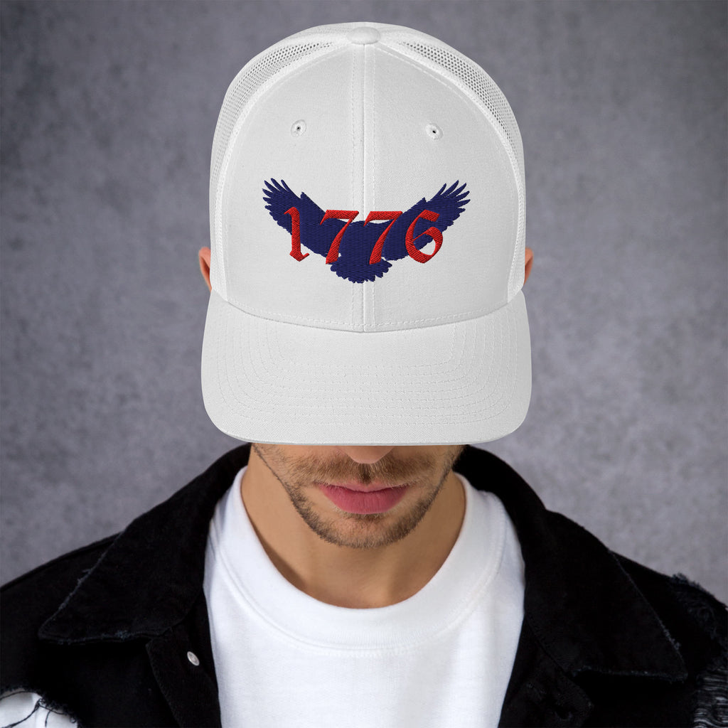 White on white mesh Retro Trucker cap hat with red and blue 1776 American eagle design