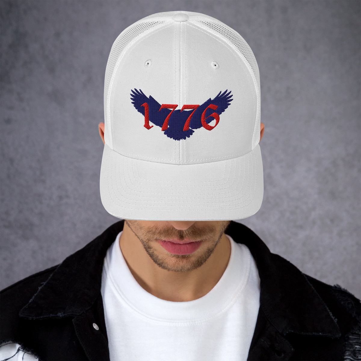 White on white mesh Retro Trucker cap hat with red and blue 1776 American eagle design
