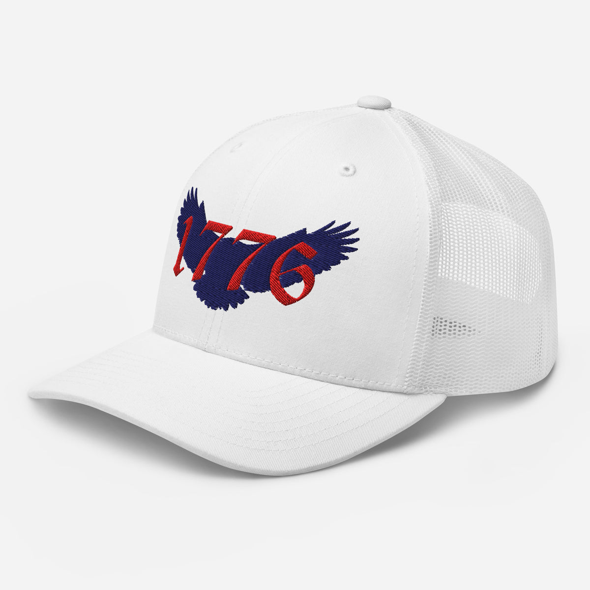 White on white mesh Retro Trucker cap hat with red and blue 1776 American eagle design