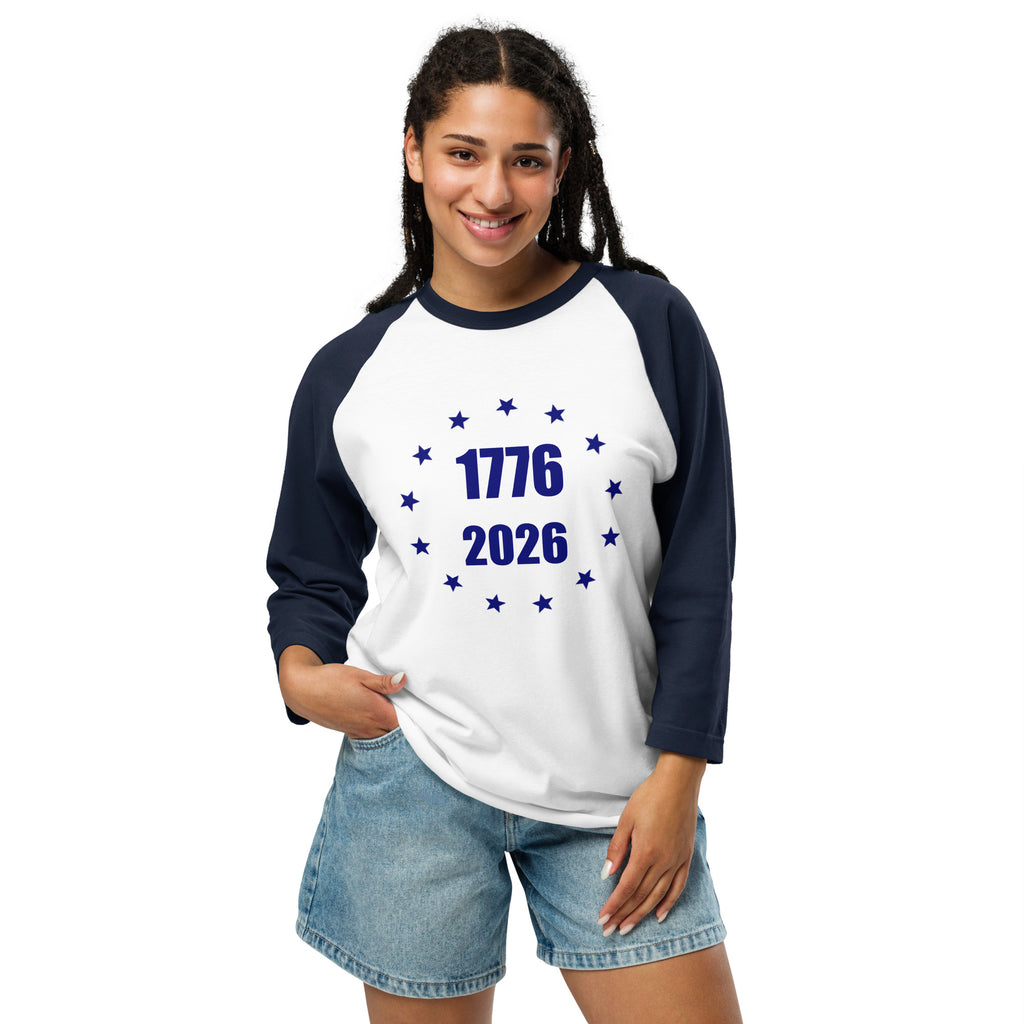 White and navy America 1776 to 2026 stars design women's 3/4 t-shirt
