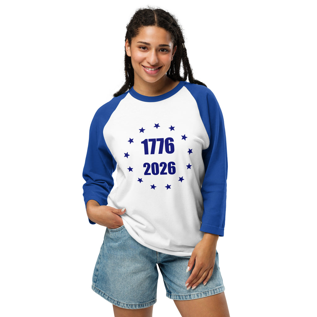White and blue America 1776 to 2026 stars design women's 3/4 t-shirt