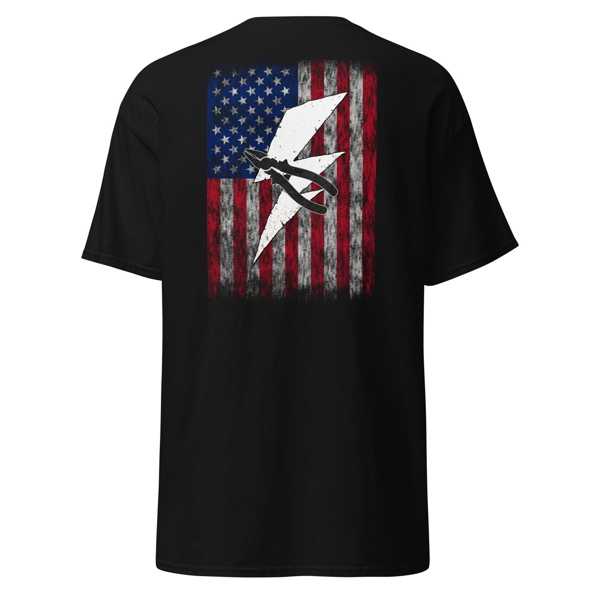 Men's black t-shirt with lightning bolt and pliers with distressed American flag design for electricians