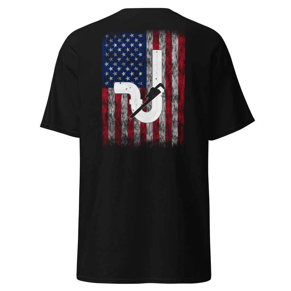 Men's black t-shirt with pipe and pipe wrench with distressed American flag design for plumbers