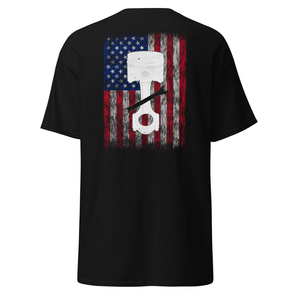 Men's black t-shirt for mechanics with piston and wrench and distressed American flag