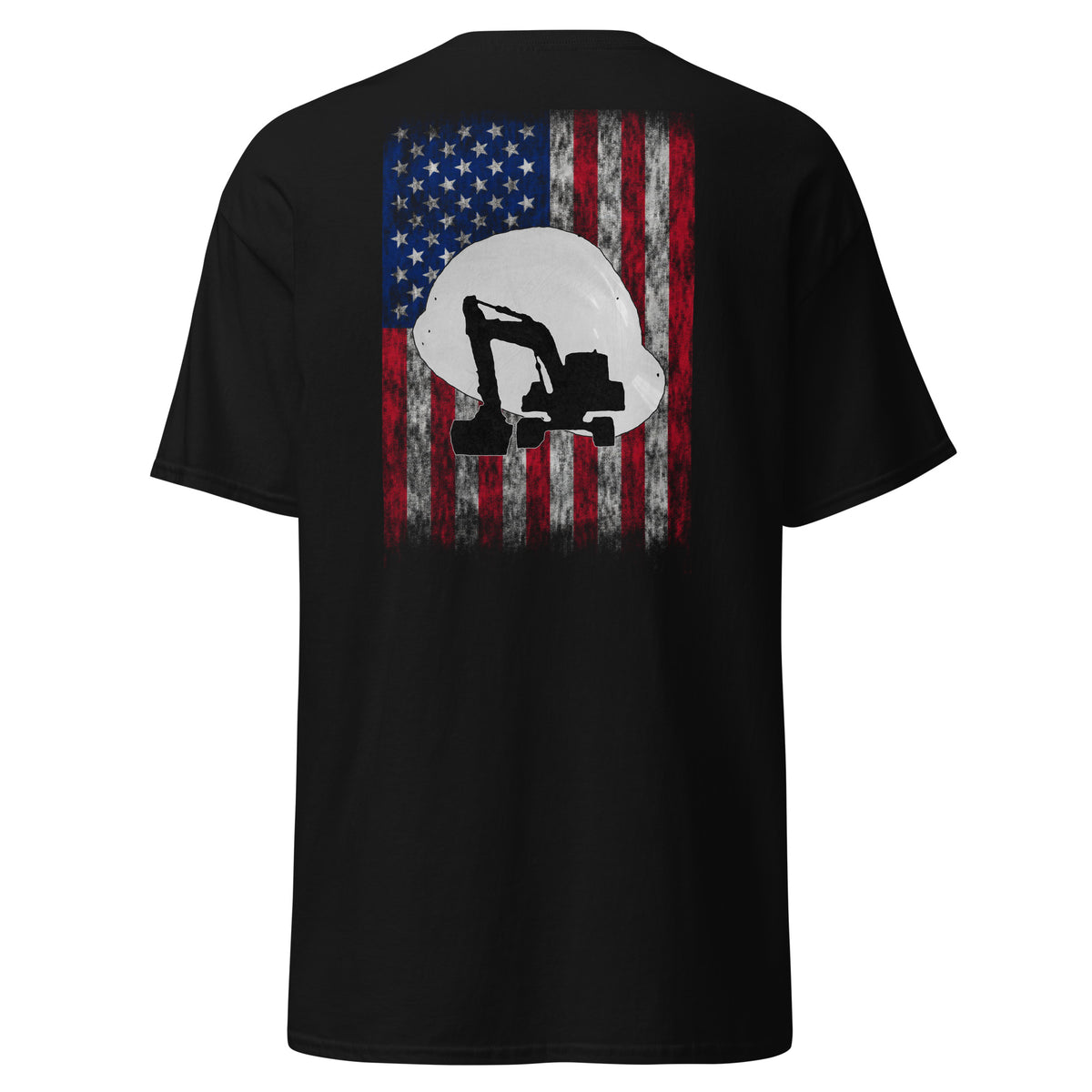 Men's black t-shirt for construction workers with hard hat and excavator over a distressed American flag