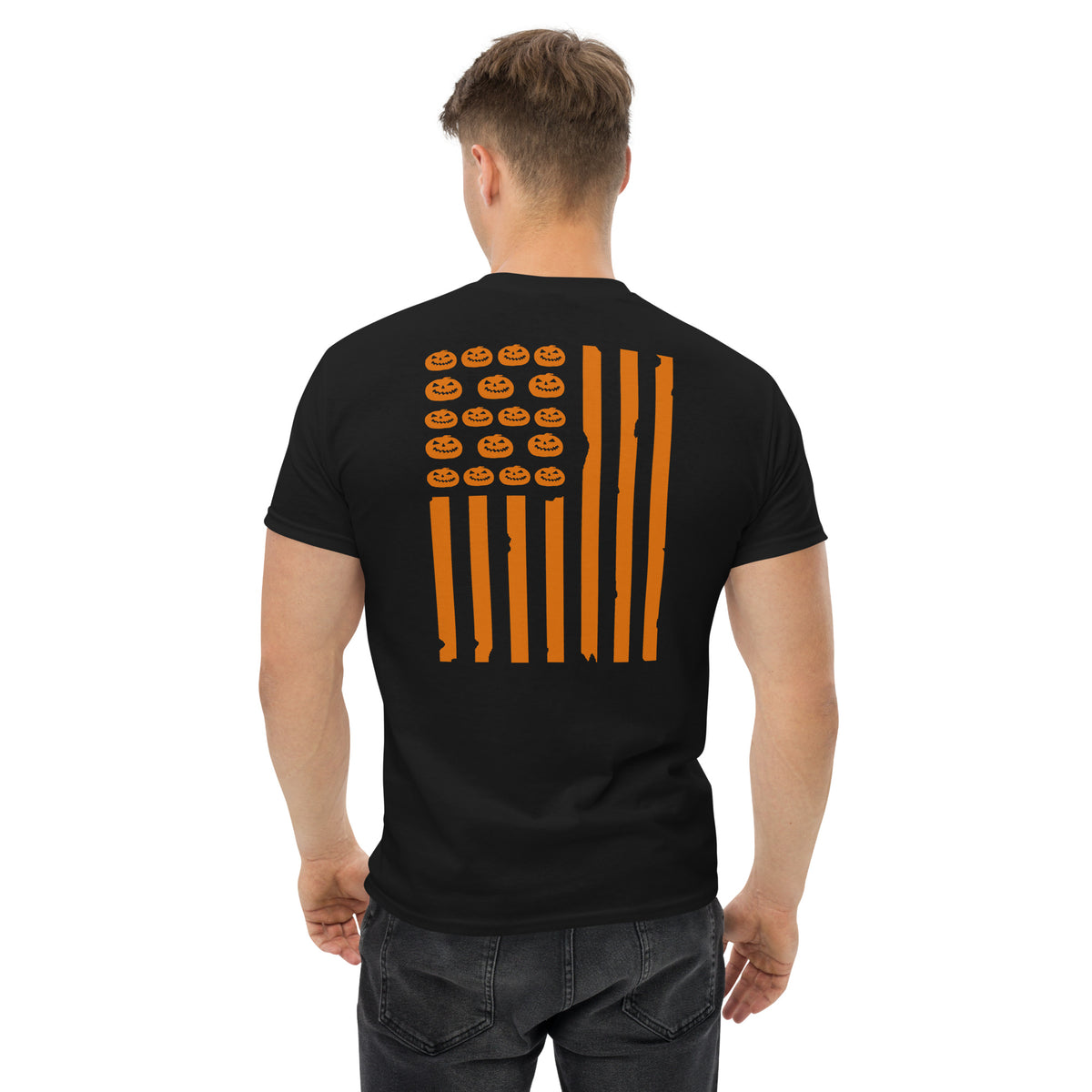 Men's black t-shirt with orange distressed flag design and pumpkins on the back