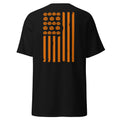 Men's black t-shirt with orange distressed flag design and pumpkins on the back