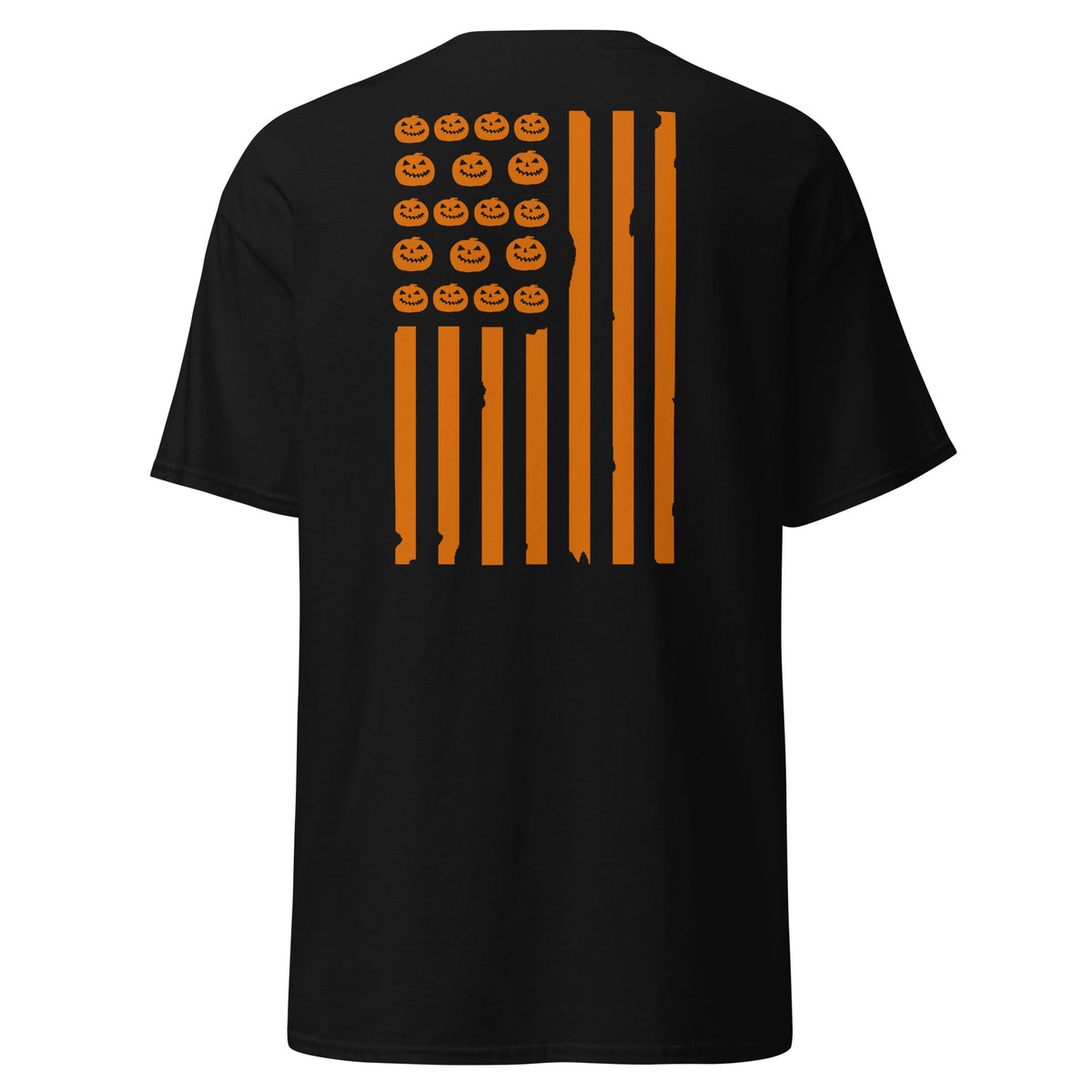 Men's black t-shirt with orange distressed flag design and pumpkins on the back