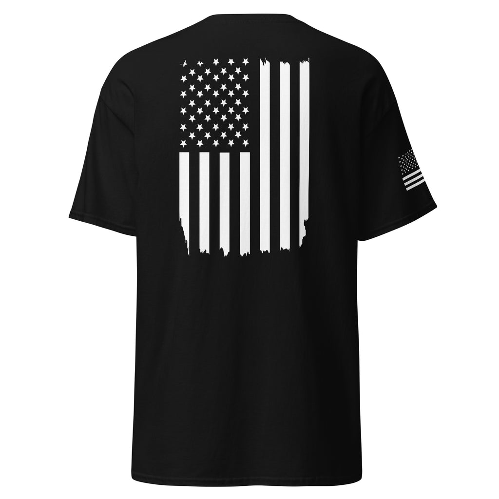 Men's black t-shirt with white American flag on the back and on the right sleeve