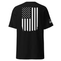 Men's black t-shirt with white American flag on the back and on the right sleeve