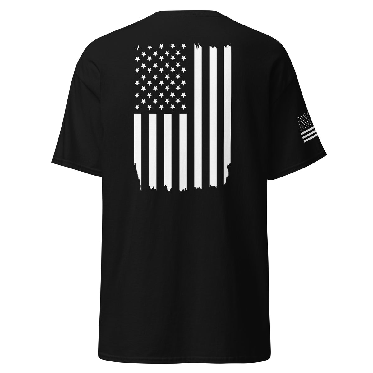 Men's black t-shirt with white American flag on the back and on the right sleeve