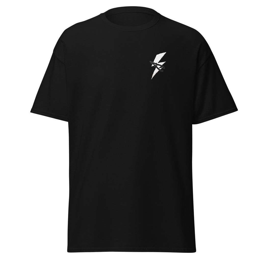 Men's black t-shirt with lightning bolt and pliers with distressed American flag design for electricians