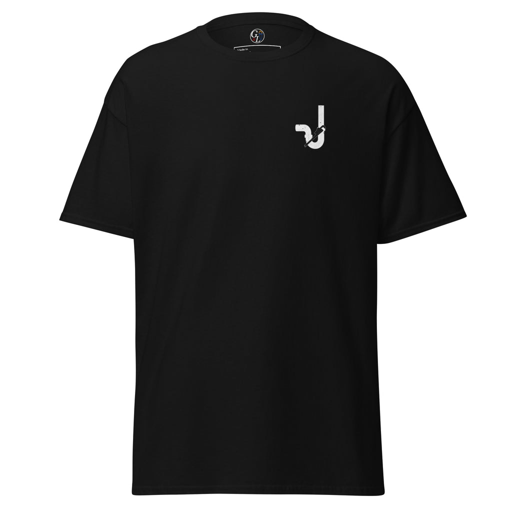 Men's black t-shirt with pipe and pipe wrench with distressed American flag design for plumbers