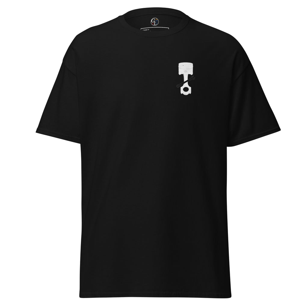 Men's black t-shirt for mechanics with piston and wrench and distressed American flag