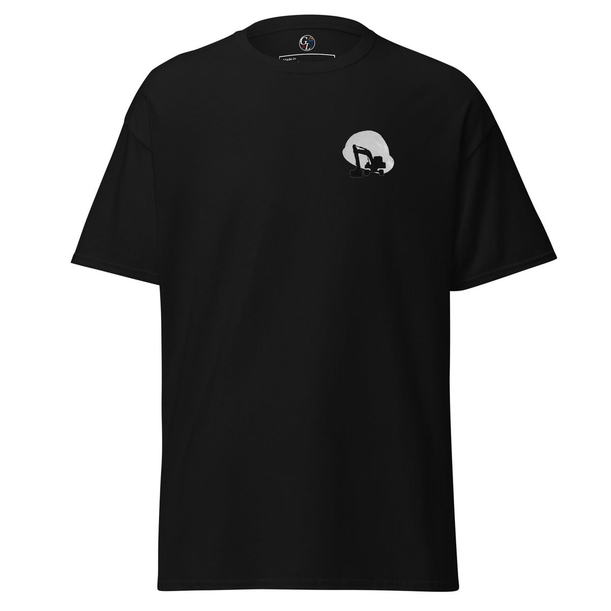 Men's black t-shirt for construction workers with hard hat and excavator over a distressed American flag